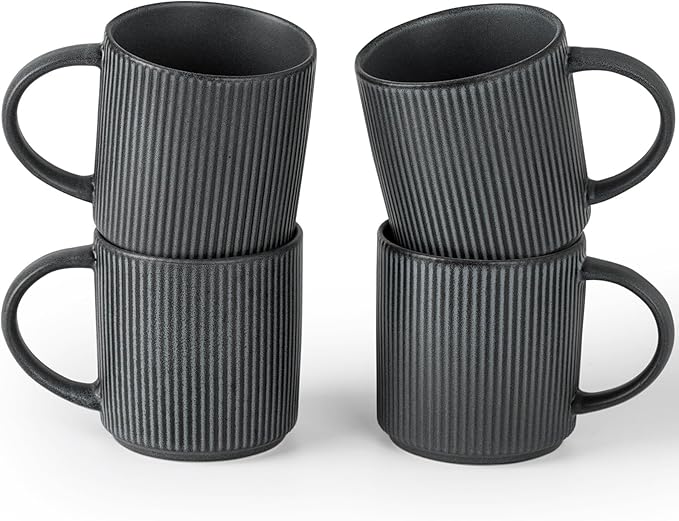 famiware Coffee Mug Set for 4, Star 12 oz Catering Mugs Cup Set with Handle for Coffee, Tea, Cocoa, Milk - Ceramic Stoneware Drinkware Set, Matte Dark Charcoal