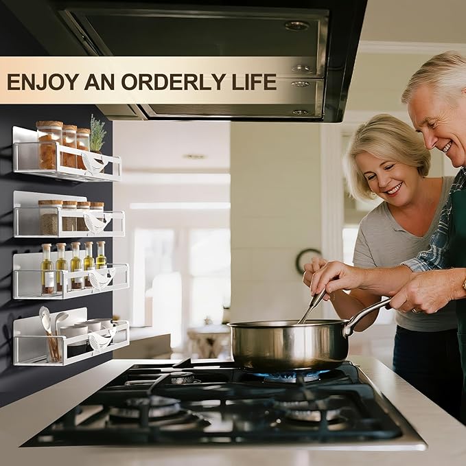 Magnetic Spice Rack for Refrigerator, 4-Pack Metal Seasoning Organizer for Kitchen Storage Organization, Space Saving Magnetic Shelf for Fridge, Pantry, Laundry Room, White