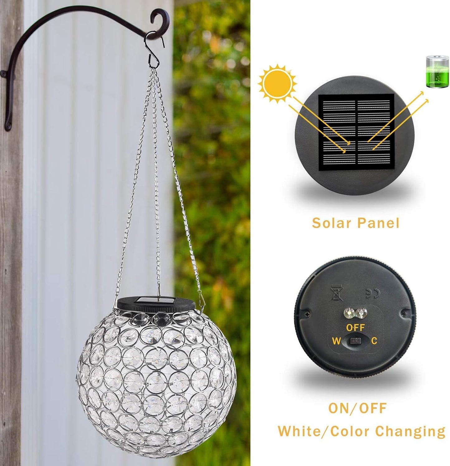 Solar Hanging Lantern Outdoor Lights, Dual LEDs Color Changing and Cool White Hanging Light Waterproof Crystal Globe Lamp Decoration in Garden, Pathway, Front Door - Clear