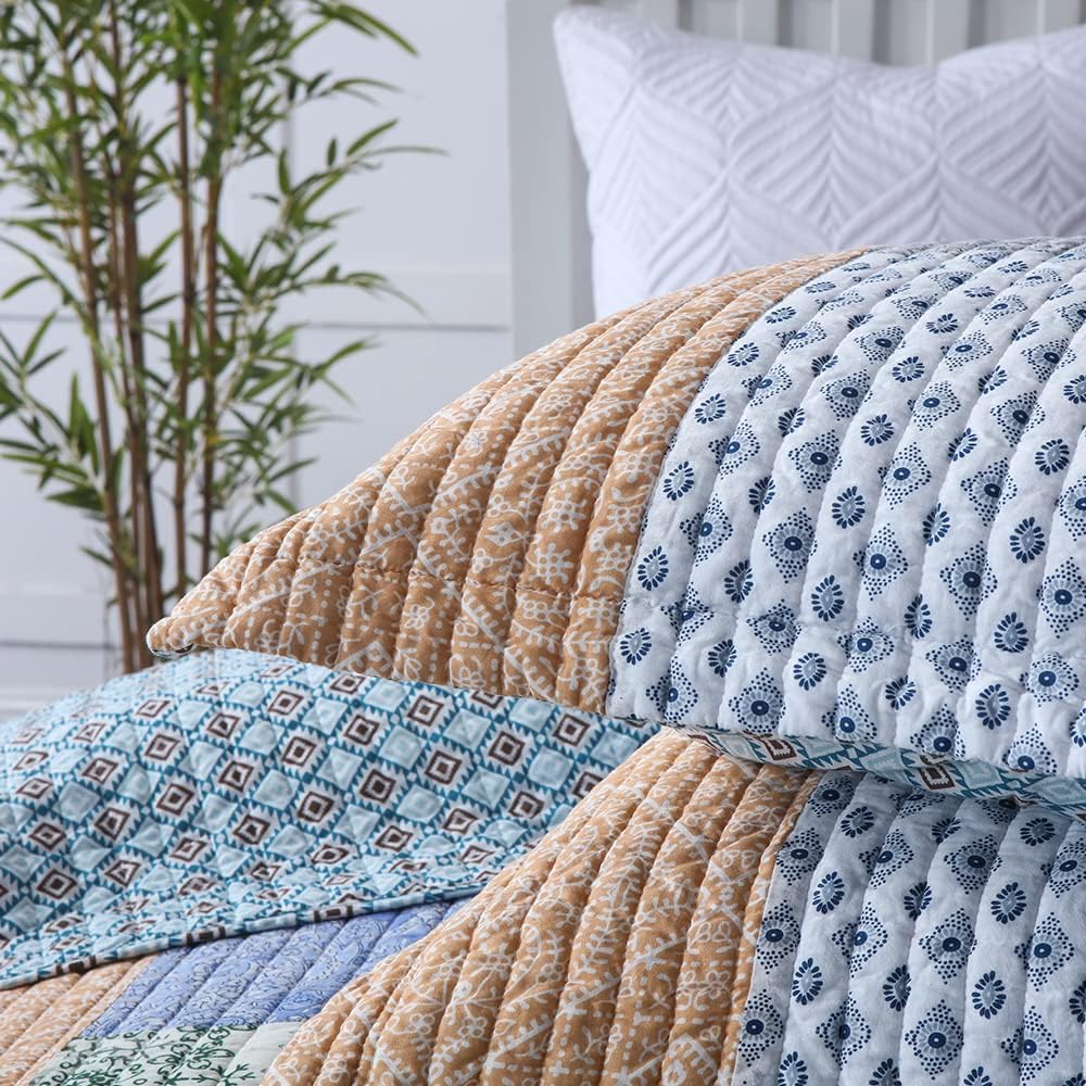 Cotton Bedspread Quilt Sets 3 Pieces Reversible Coverlet Sets Comforters Blue Bohemian Patchwork Bedspread,Blue Paisley Pattern, Queen Size