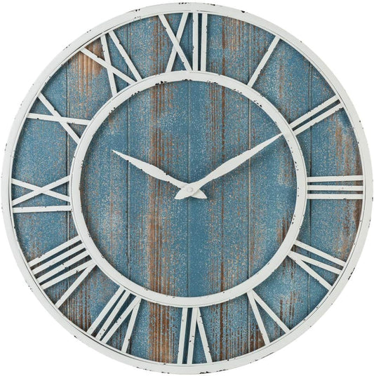 24" Coastal Wall Clock - Metal & Solid Wood Noiseless Weathered Beach Blue Wall Clock (Coastal Blue, 24-inch)