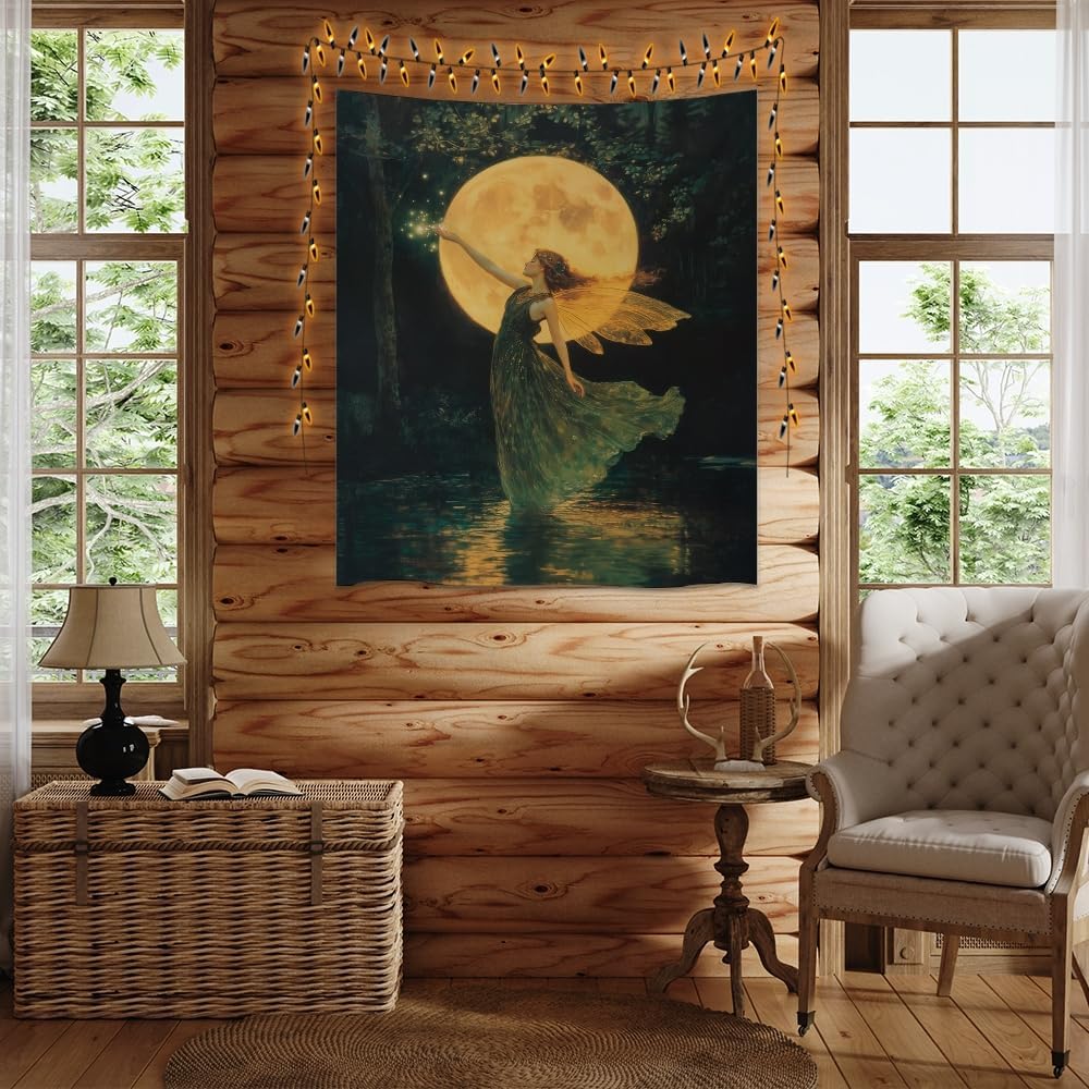 Whimsical Fairy Tapestry Fantasy Moonlight Fae Goddess Print Moody Gothic Aesthetic Wall Hanging Magical Forest Pictures Dark Cottage Witchy Tapestries for Girls Room Bedroom 60x80inch
