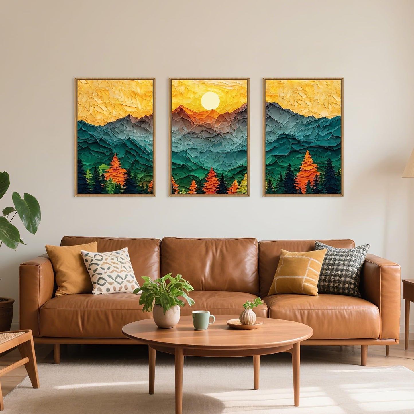 Celestdeco Abstract Mountain Framed Canvas Wall Art Set, Forest Pine Tree Golden Sunset Wall Decor, Mixed Patchwork Landscape Art Print for Living Room, Bedroom, Dining Room, Office - 24"x36"x3