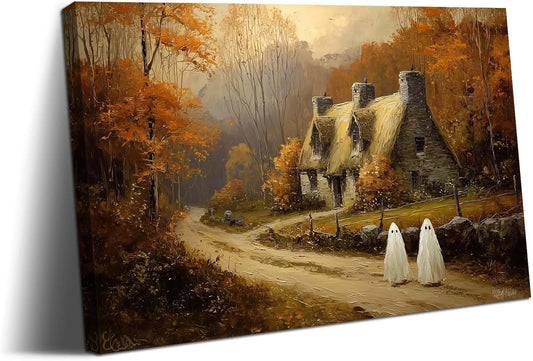 Laoife Halloween Canvas Wall Art, Vintage Spooky Farmhouse Autumn Rustic Landscape Wall Decoration, Ghost on Rural Roads for Living Room Bedroom Home Decor (Ghost 2)