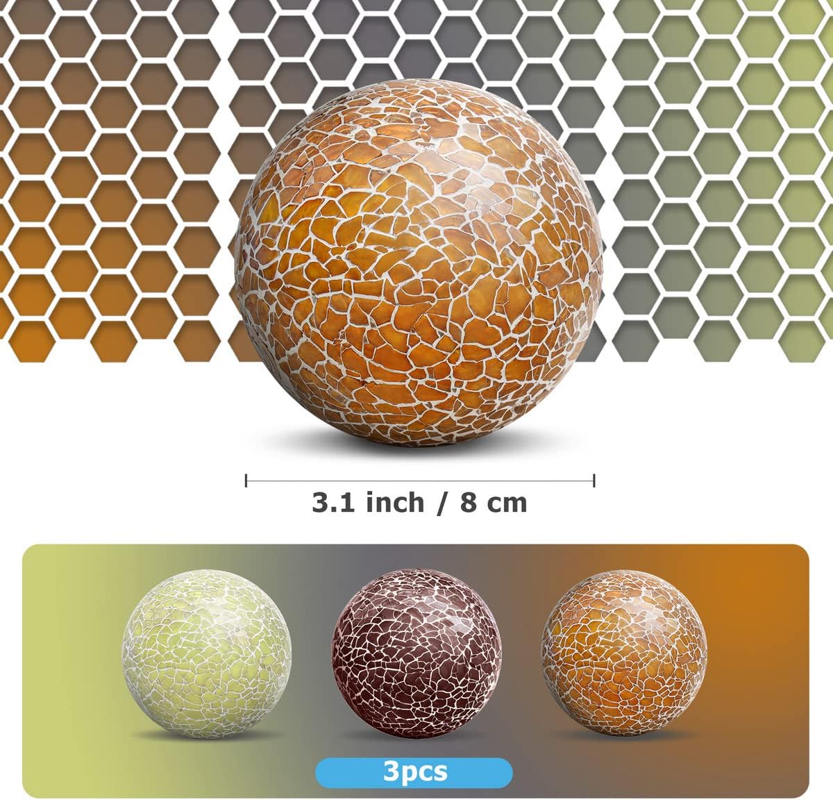 3 PCS 3.35inch Glass Mosaic Sphere Balls Mix Color Table Bowls Vases Centerpieces Set Christmas Party Living Room Thanksgiving Wedding Festival Decorative Orbs