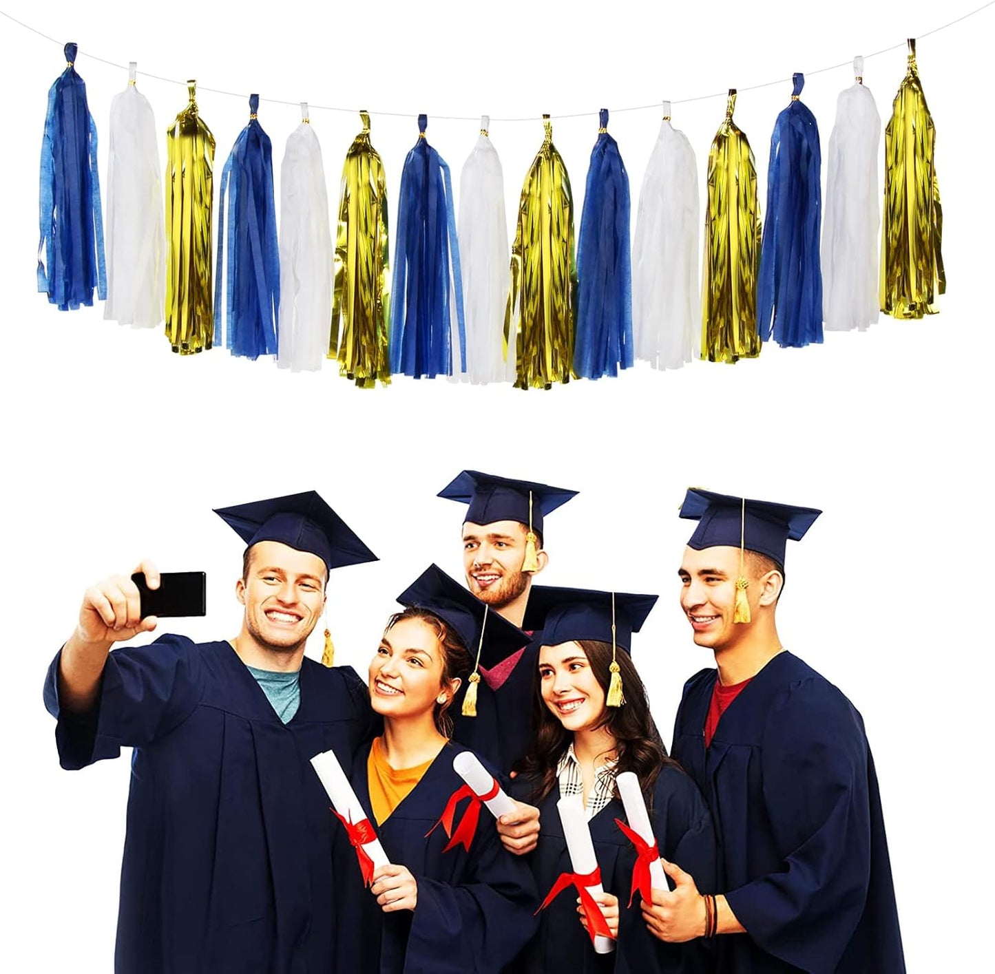 Navy-Blue White-Gold Tassel Garland Streamers- 15pcs Tissue Paper Tassels Banner Party Decorations Men Boy Birthday Graduation Bachelorette Engagement Backdrop Hanging Decor Panduola
