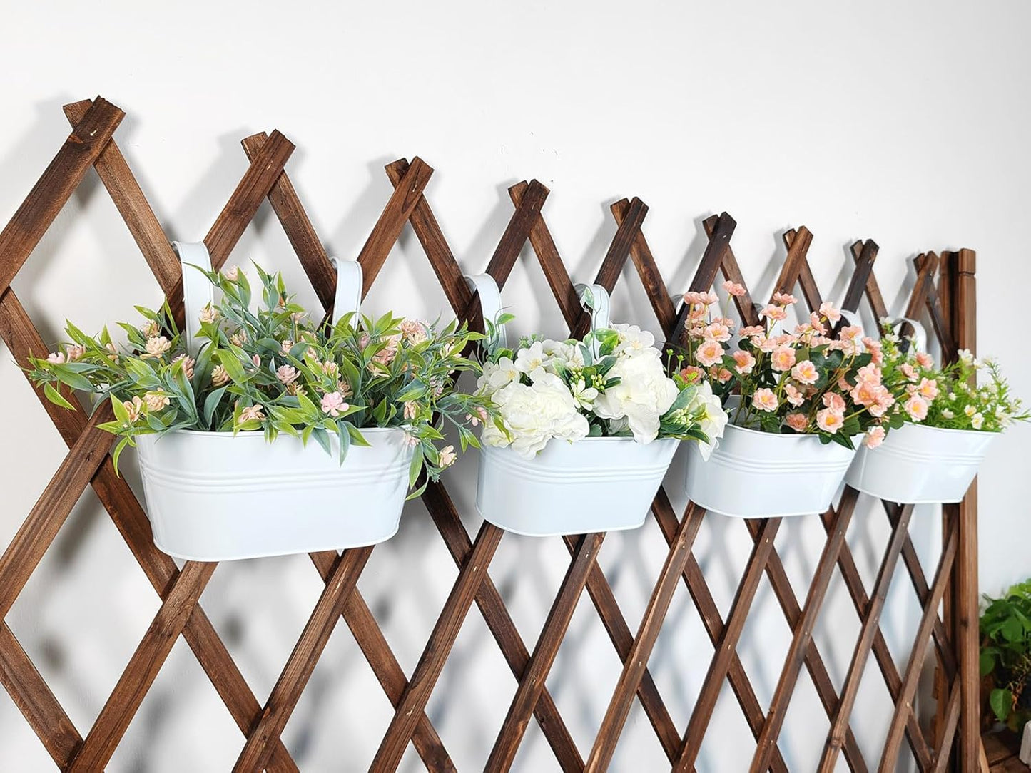 10" Hanging Flower Pots, Pack of 4 White Metal Outdoor Patio Balcony Planter, Railing Planters Fence Pot with Detachable Hook & Drainage Hole for Small Plants (White, 4Pcs)