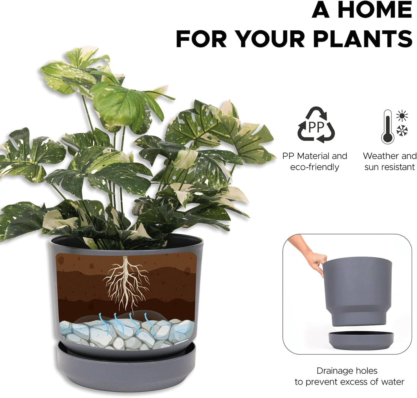 Elly Décor 12 inch Plastic Cylinder Planter Pot with Self-Watering Saucer and Drainage Hole,Lightweight & Extremely Durable, 12"x 12", Gray