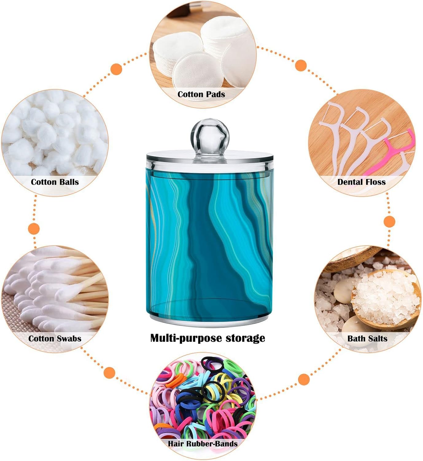 2 Pack Qtip Holder Dispenser Teal Turquoise Blue Marble Bathroom Storage Canister Lid Acrylic Plastic Apothecary Jar Set Vanity Makeup Organizer for Cotton Swab/Ball/Round Pads, Floss