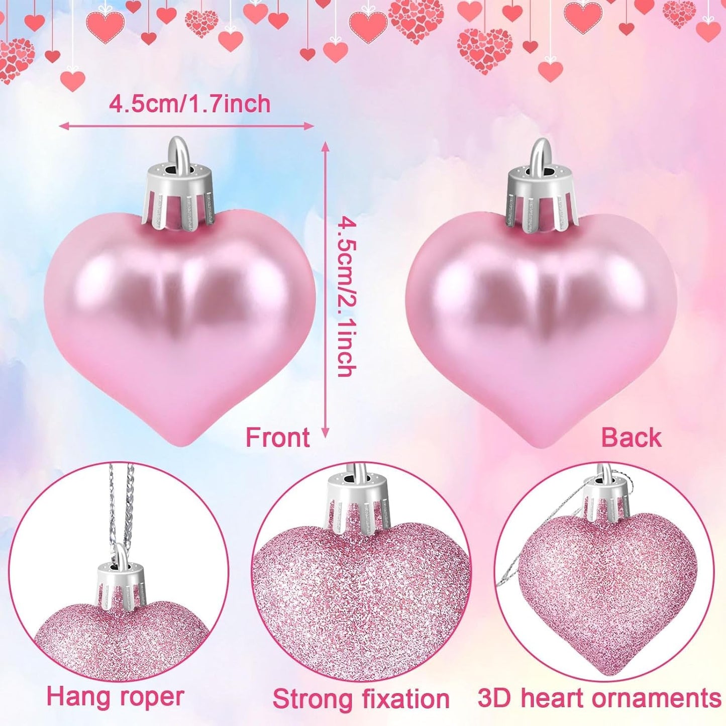 JULMELON 24Pcs Valentine's Day Heart Shaped Ornaments Romantic Valentines Heart Hanging Tree Ornaments Decorations for Home Valentine Tree Wedding Party (Red, Pink,Rose Gold and Silver)