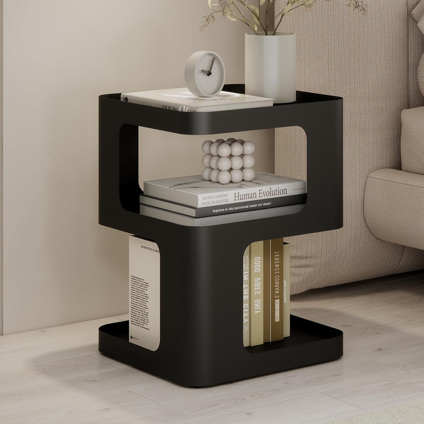 Modern Side Table, Metal Bedside Table Living Room, 3 Tier end Tables with Storage,Nightstand for Small Spaces, Living Room, Bedroom, Sturdy, No Assembly Required
