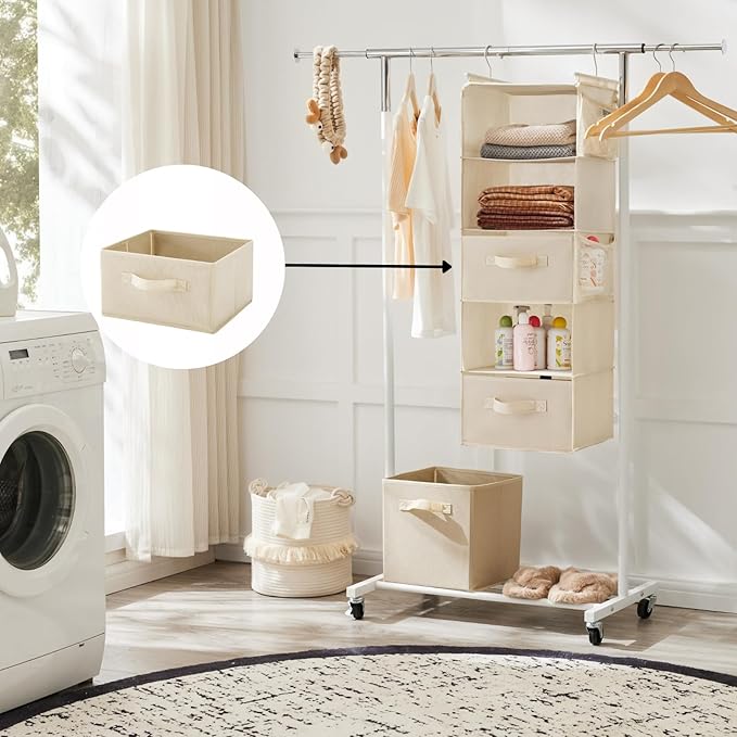 Hanging Shelf Closet Storage Organizer Removable Drawers ，Hanging Storage Organizer Hanging Sweater 2 Sock Underwear Drawers for Closet, Bedroom, Beige