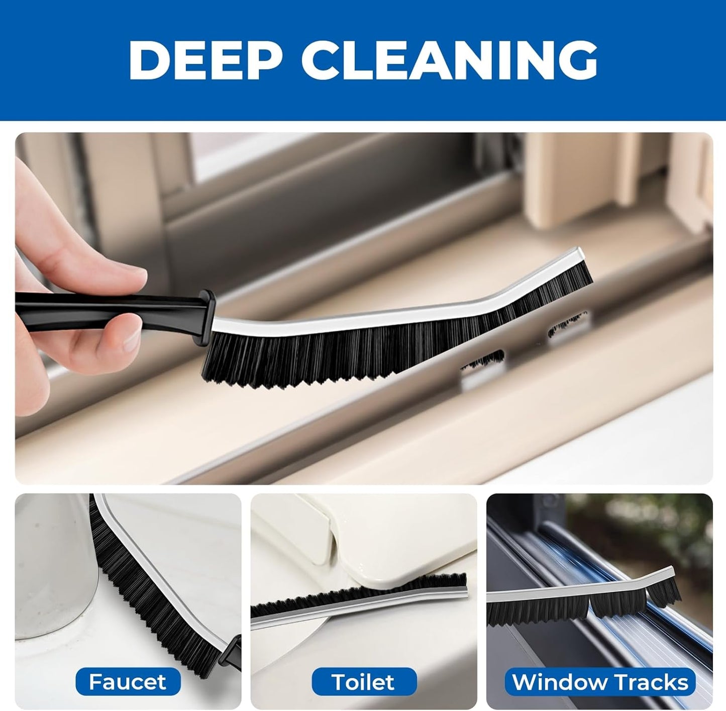 Crevice Cleaning Brushes, Serrated Cleaner Scrub Brush Tool for Hard to Reach Tight Space, Home Essentials, Cleaning Supplies for Shower, Bathroom, Kitchen, Toilet, Window (3, Black)