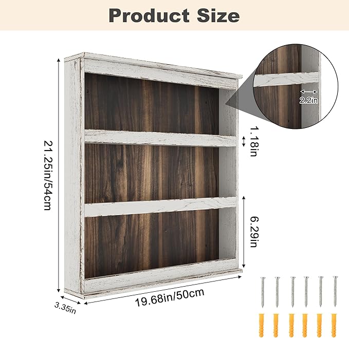 Nisorpa 3 Tier Spice Rack Wall Mount, Rustic Burnt Wood Wall Hanging Spice Rack Kitchen Spice Shelf Organizer for Seasoning Jars or Condiment Bottles, 19.68 x 3.35 x 21.25 Inches