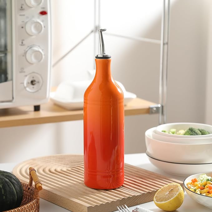 Sweejar Ceramic Olive Oil Dispenser Bottle, 20 Oz EVOO Oil and Vinegar Dispensing Bottle with Spout for Kitchen, Set of 1, 24 Fl Oz (Gradient Orange)