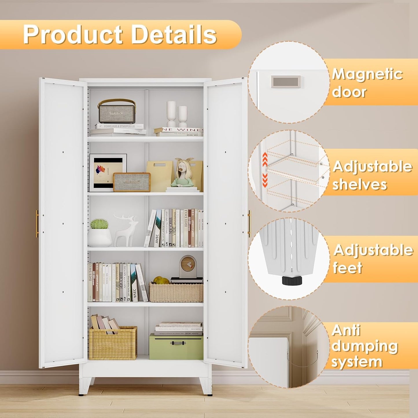 71" H Metal Kitchen Pantry Storage Cabinet, Freestanding Cupboard with 2 Doors and 4 Adjustable Shelves, Standing Storage for Kitchen, Bathroom, Garage, Dinning Room or Utility Room（White）