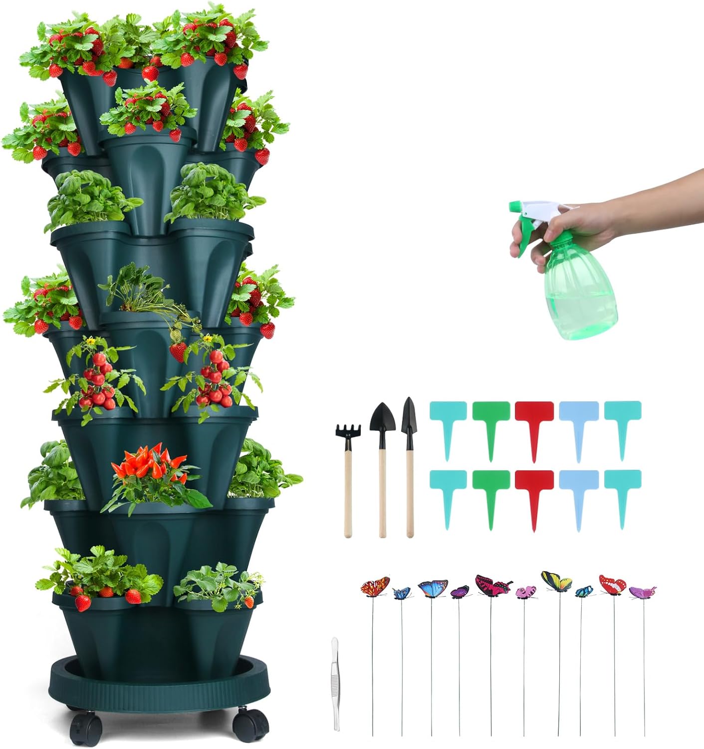 Vertical Planter, 7 Tier Stackable Strawberry Planter with Garden Tool Set, Movable Indoor/Outdoor Garden Herb Pot for Growing Vegetables and Succulents, Green