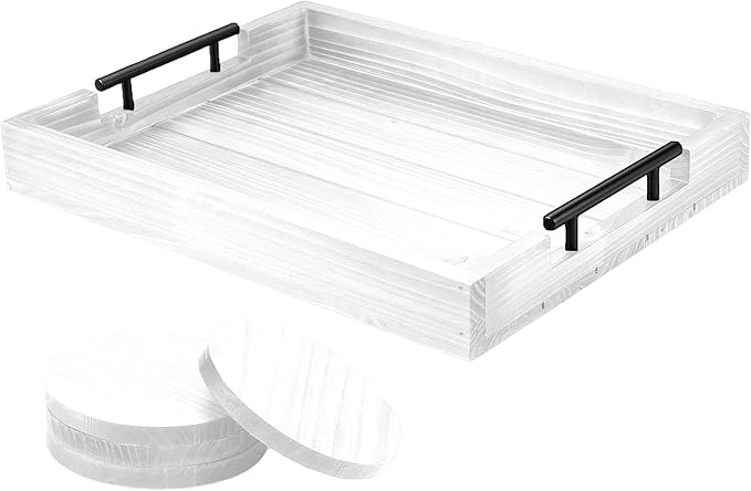 Ottoman Tray | Wooden Serving Tray with Handles & Coasters - 17x13 Inch, Rustic, White, Solid, Rectangular, Vintage, Lightweight