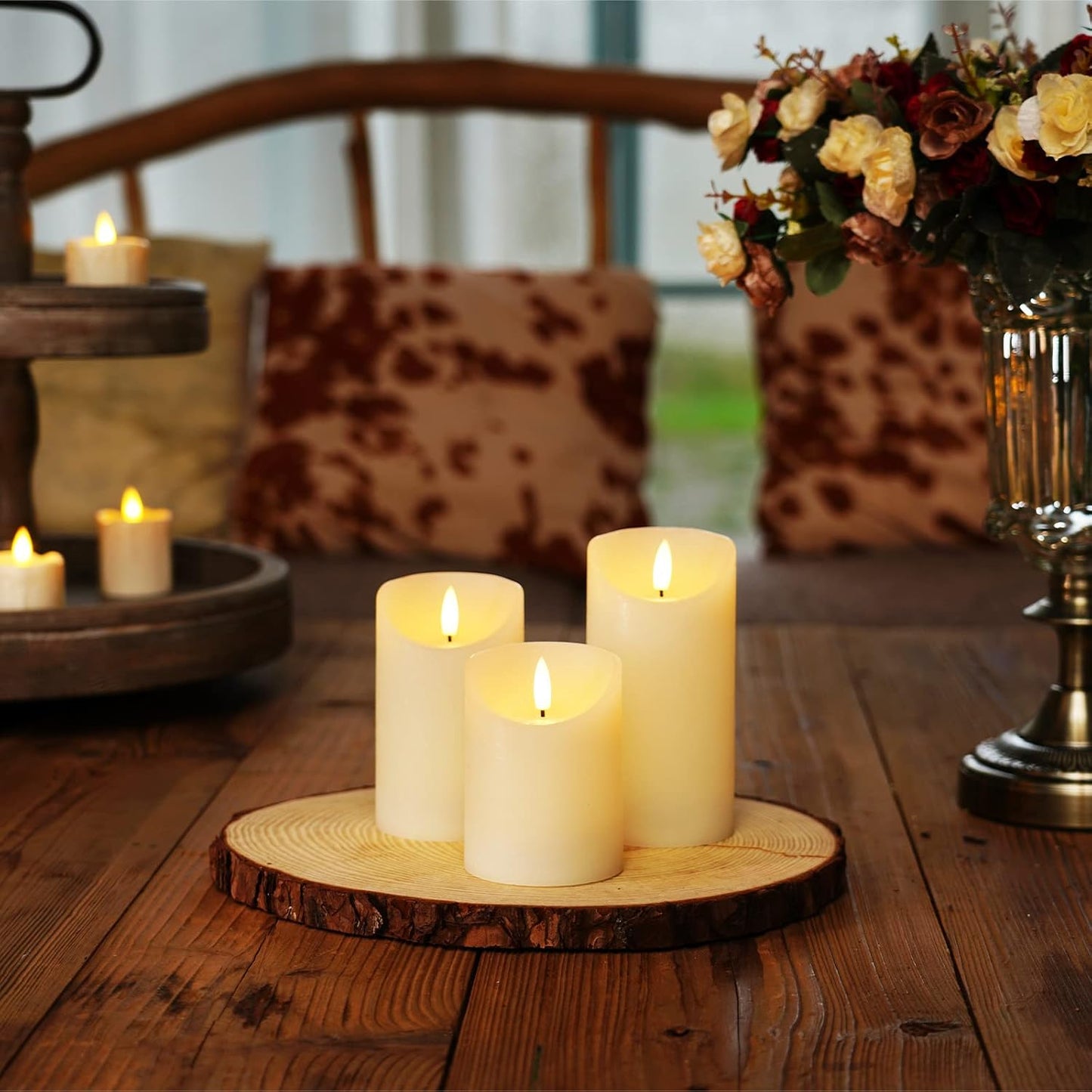 Homemory Flickering Flameless Candles, Realistic LED Candles with Remote and Timer, Textured Wax with Water Ripple, Battery Operated Wax Candles, Set of 3, Ivory