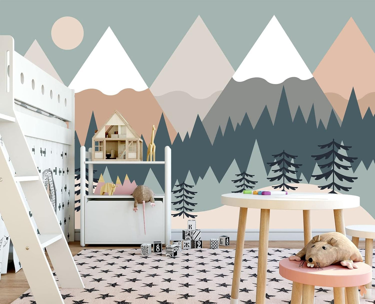 Children's Cartoon Mountain Peak Forest Sun Nursery Wall Mural Wallpaper 137" x 100"