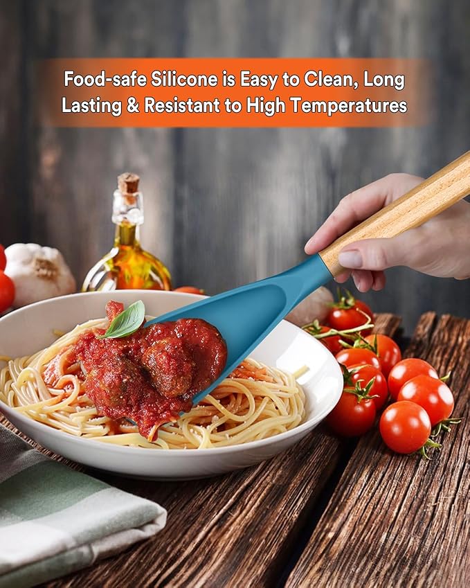 Cooking Spoon for Nonstick Cookwares, Great for Cooking and Serving Sturdy BPA-Free Matte Silicone, Wood Handle Spoon for Mixing, Scoop, and Scrape (Khaki & Turquoise, 13.4 inch)