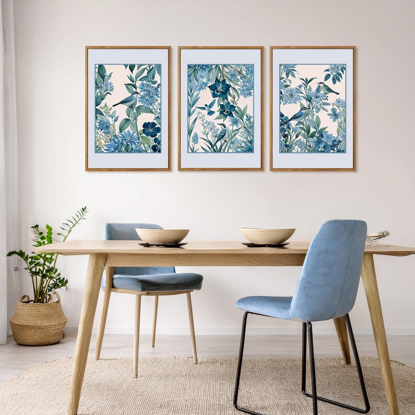 Aurlan Vintage Blue Birds and Botanical Framed Wall Art(16"x24"), 3PCS Classic Chinoiserie Audubon Bird Canvas Artwork, Large Abstract Watercolor Flowers Floral Home Decor for Bedroom Living Room