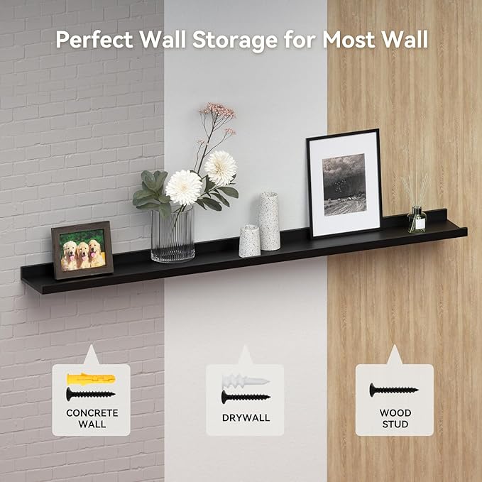 RICHER HOUSE 3 Set Floating Shelves for Wall, Black Wall Mounted Shelves with Lip for Storage, Display Picture Ledge Shelf for Bedroom Bathroom Kitchen Living Room Decor, Modern Black