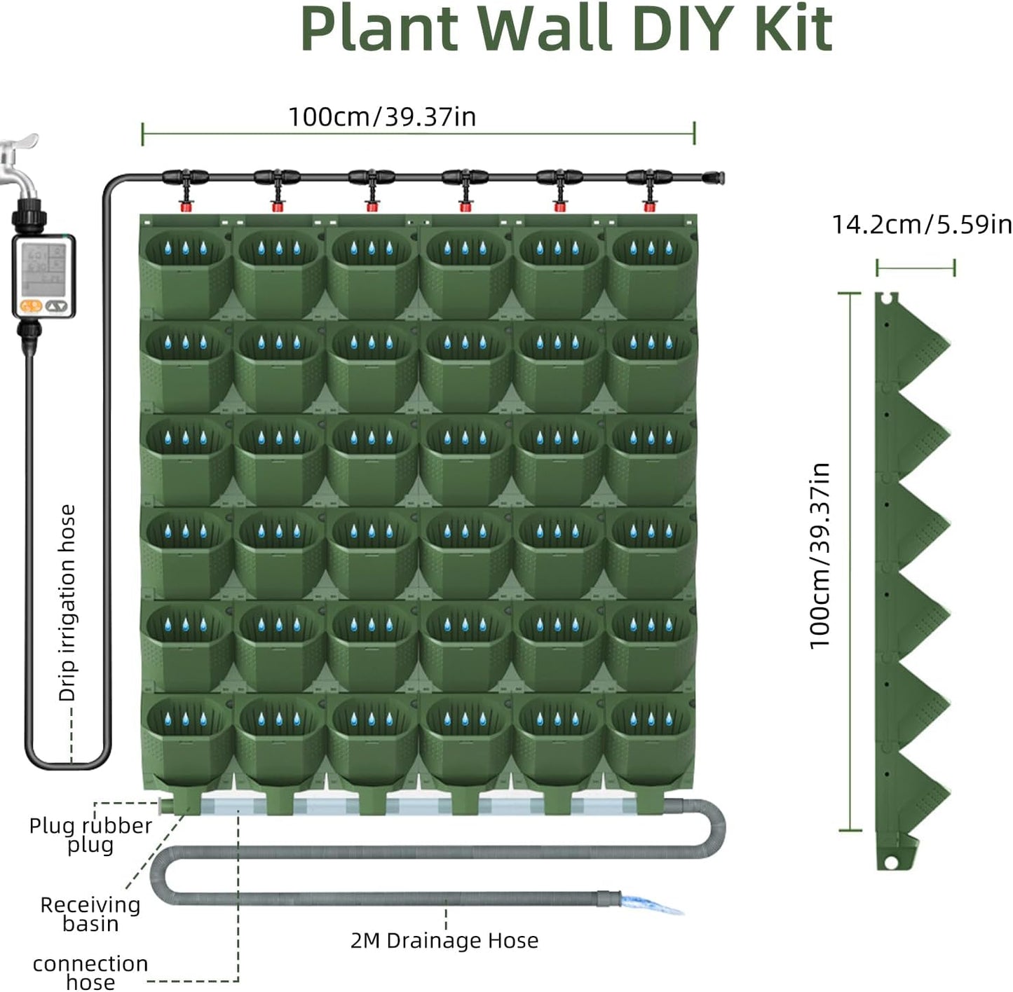 Self Watering Wall Mounted Vertical Planter, 36 Pots Wall Planter Indoor Vertical Living Green Plant Wall Easy Installation (Green with Timing System)