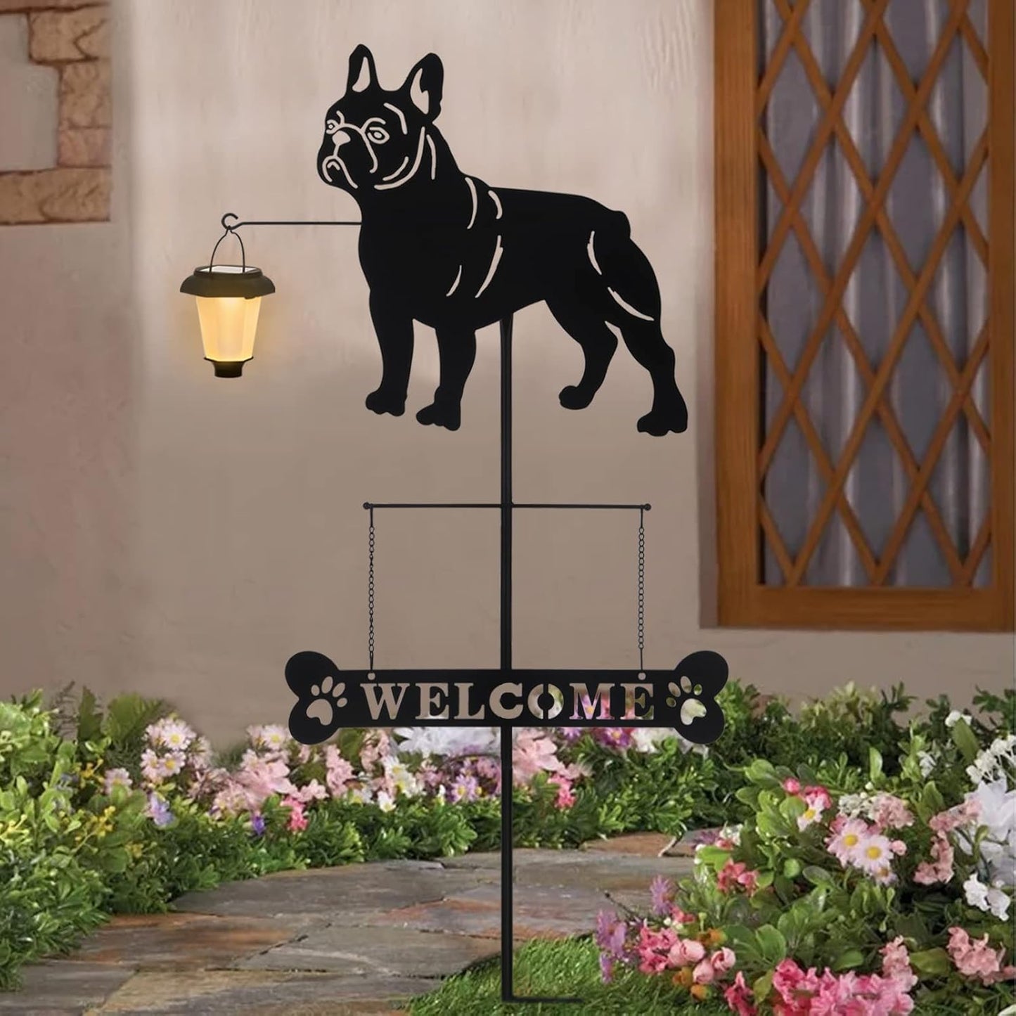 BAYN Solar French Bulldog Silhouette Dog Breed Welcome Sign with a Lantern Outdoor Decorative Garden Stakes for Yard, Lawn, Patio, Pathway