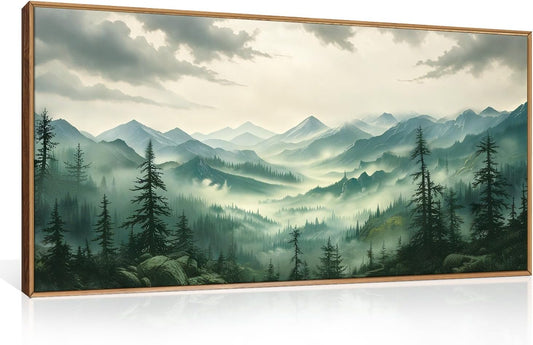 Celestdeco Green Foggy Mountain Framed Canvas Wall Art Set, Misty Forest Wall Decor, Watercolor Pine Tree Wall Painting, Large Nature Landscape Art Print for Living Room, Bedroom, Office - 20"X40"