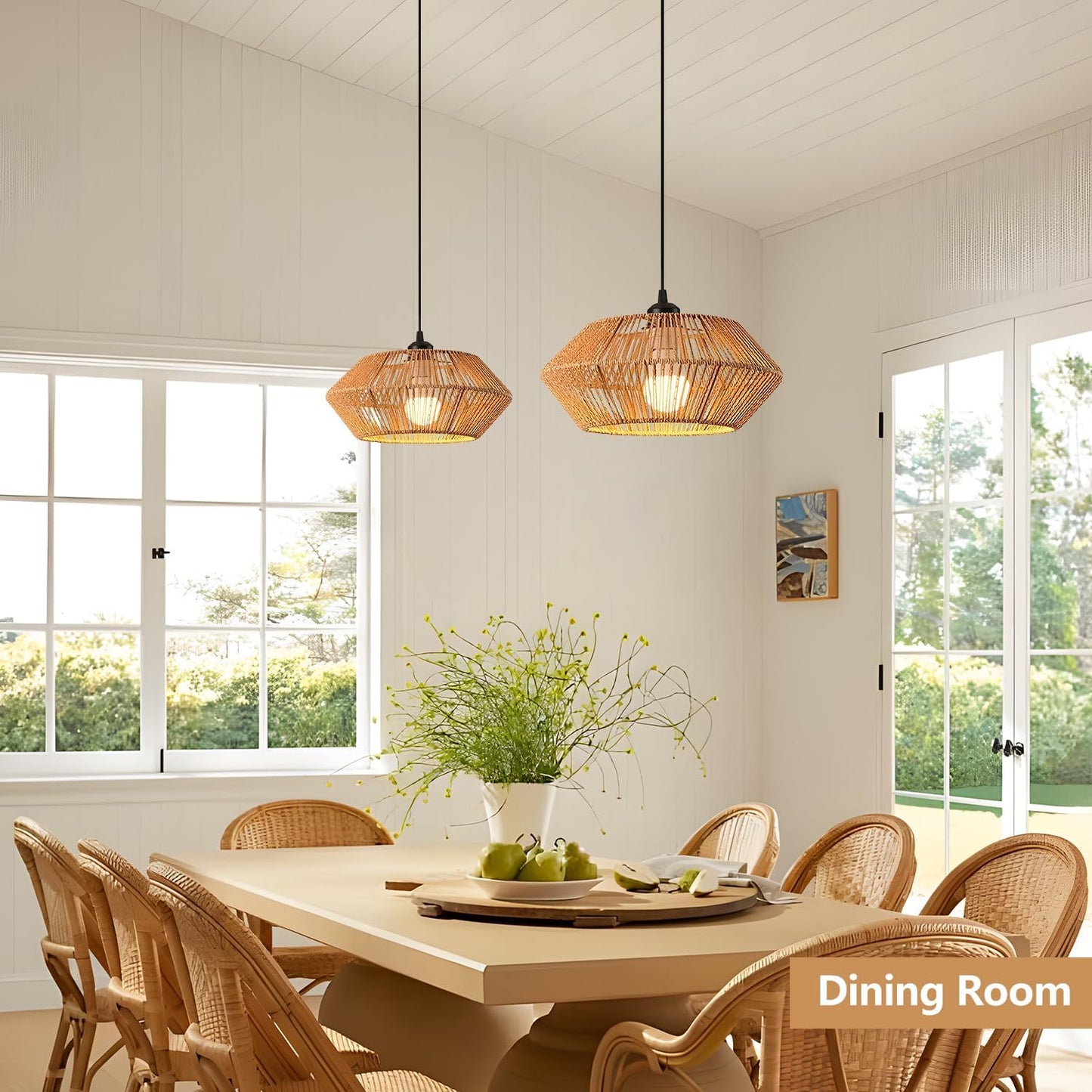 Rattan Pendant Light Fixture Ceiling Bohemian Chandelier Wicker Pendant Light 12.2in Woven Hanging lamp for Bedroom Kitchen Island Hallway