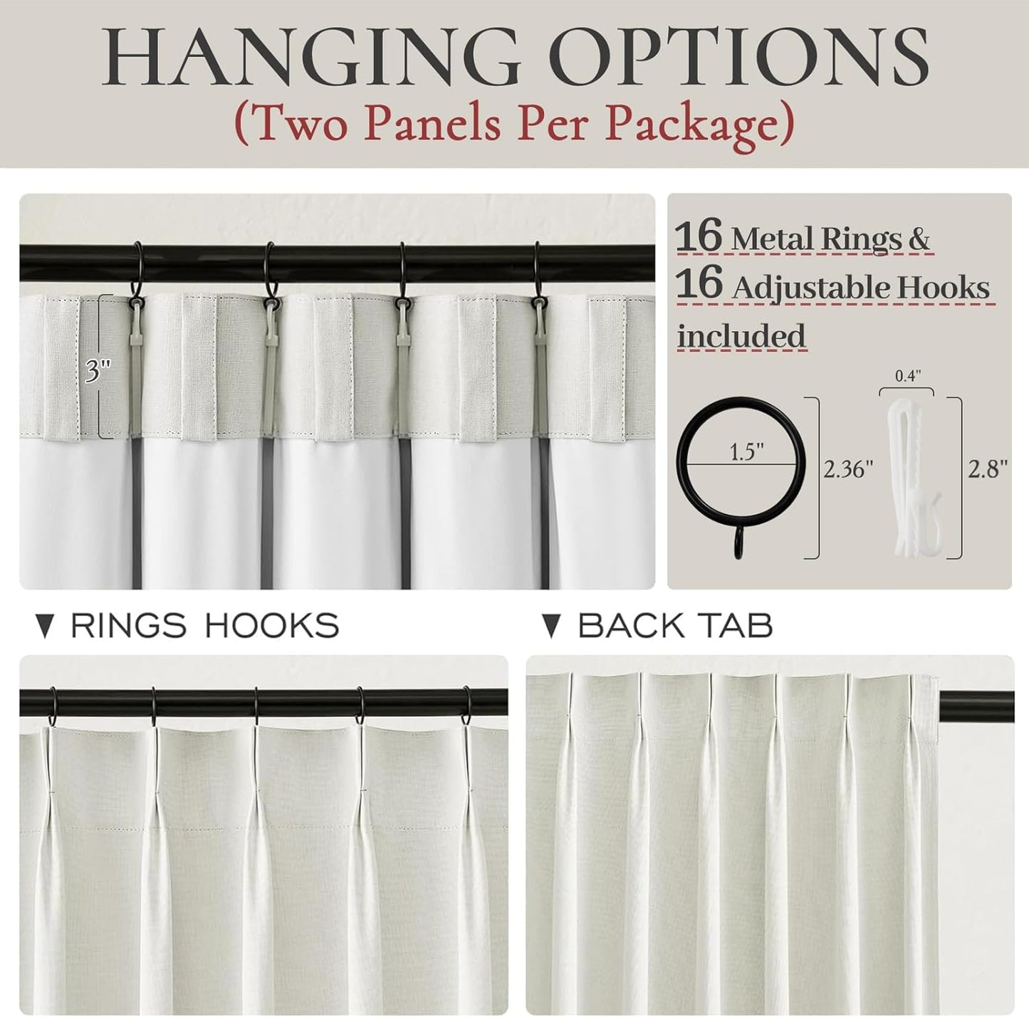 Beige White Pleated Room Darkening 100 Inch Curtains for Living Room, Neutral Thick Linen Blend Curtain Blackout Thermal Window Drapes with Hooks&Rings for Ceiling Track 40" Wx100 L 2 Panels