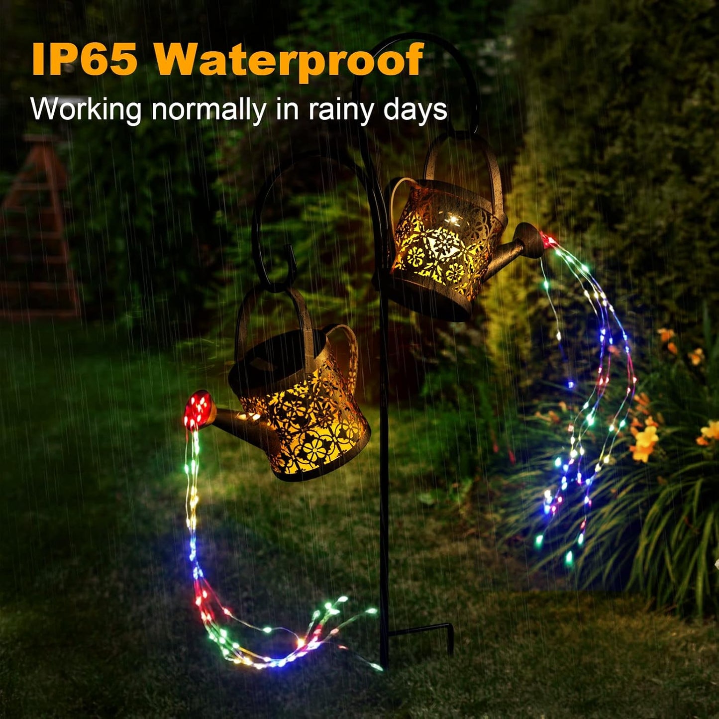 Merear Solar Watering Can Lights Outdoor with 8 Multi-Color Changing Modes, IP65 Waterproof Landscape Light Garden Decor, One Pole Two Lights Outside Decorations for Lawn, Backyard, Patio, Chrismas