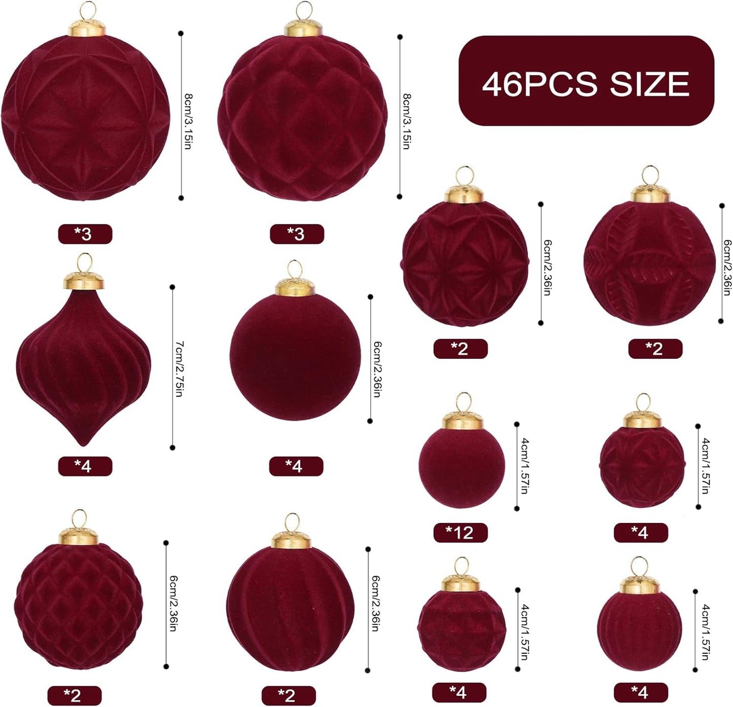 46PCS Velvet Christmas Ball Ornaments Set, Flocked Shatterproof Xmas Tree Decor, Assorted Hanging Ornaments with Loop for Holiday Home Decor, Christmas Tree, Mantel, Party Decoration (Red)