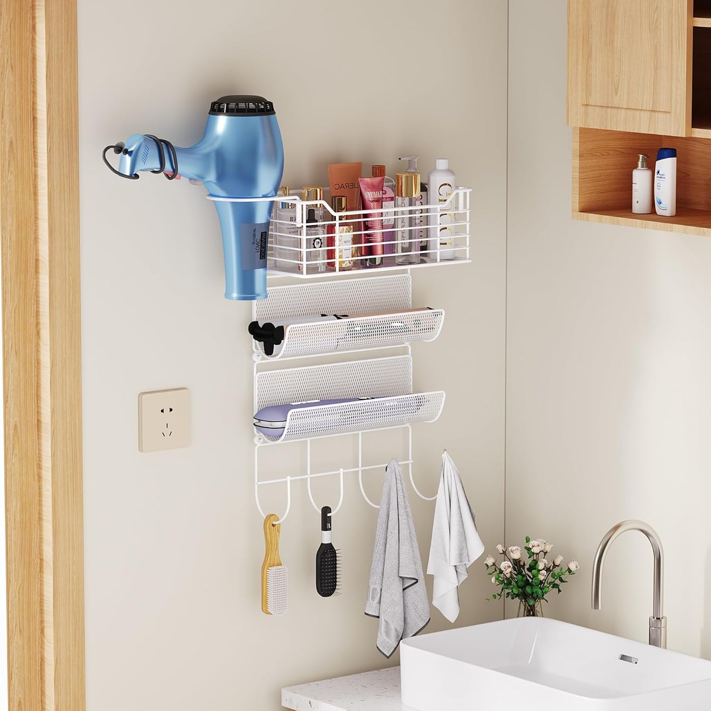 VITVITI Metal Hair Tool Organizer Wall Mount, Hair Dryer Holder with 3 Tier Shelf Basket Hooks, Bathroom Hair Styling Tool Organizer for Curling Iron/Blow Dryer/Straightener, White