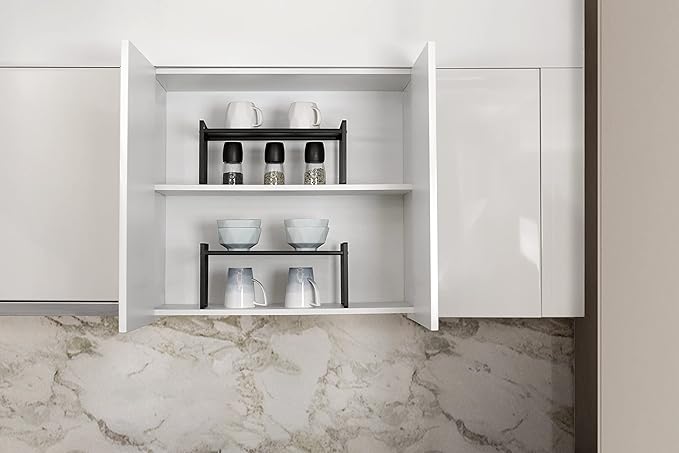 Nxconsu 2Pack Cabinet Shelves Stackable Shelf Organizer Rack Riser for Kitchen Cabinet Pantry Cupboard Counter Countertop Home Organization Storage Space Saver Heavy Duty Metal Nonslip Black Wide