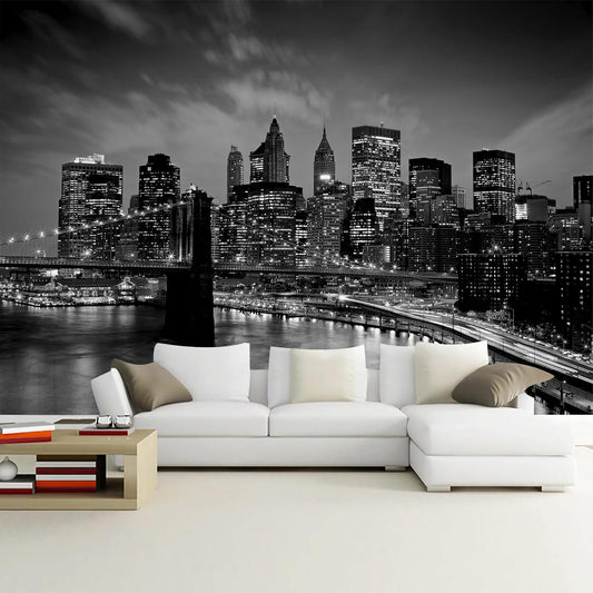 WFBHUA-Brooklyn Bridge Wall Mural Black New York City Landscape Photo Wallpaper for Living Room Bedroom(Not Peel and Stick)