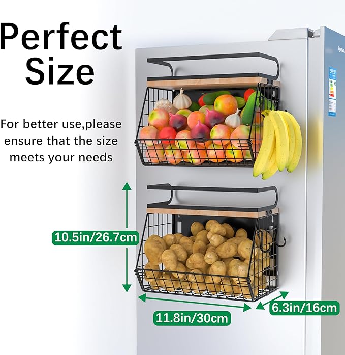 Magnetic Spice Rack for Refrigerator, Fruit, Potato & Onion Storage Bin,Large Capacity Magnetic Shelves for Side of Refrigerator, Kitchen Organizers and Storage Countertop,2 Pack Black