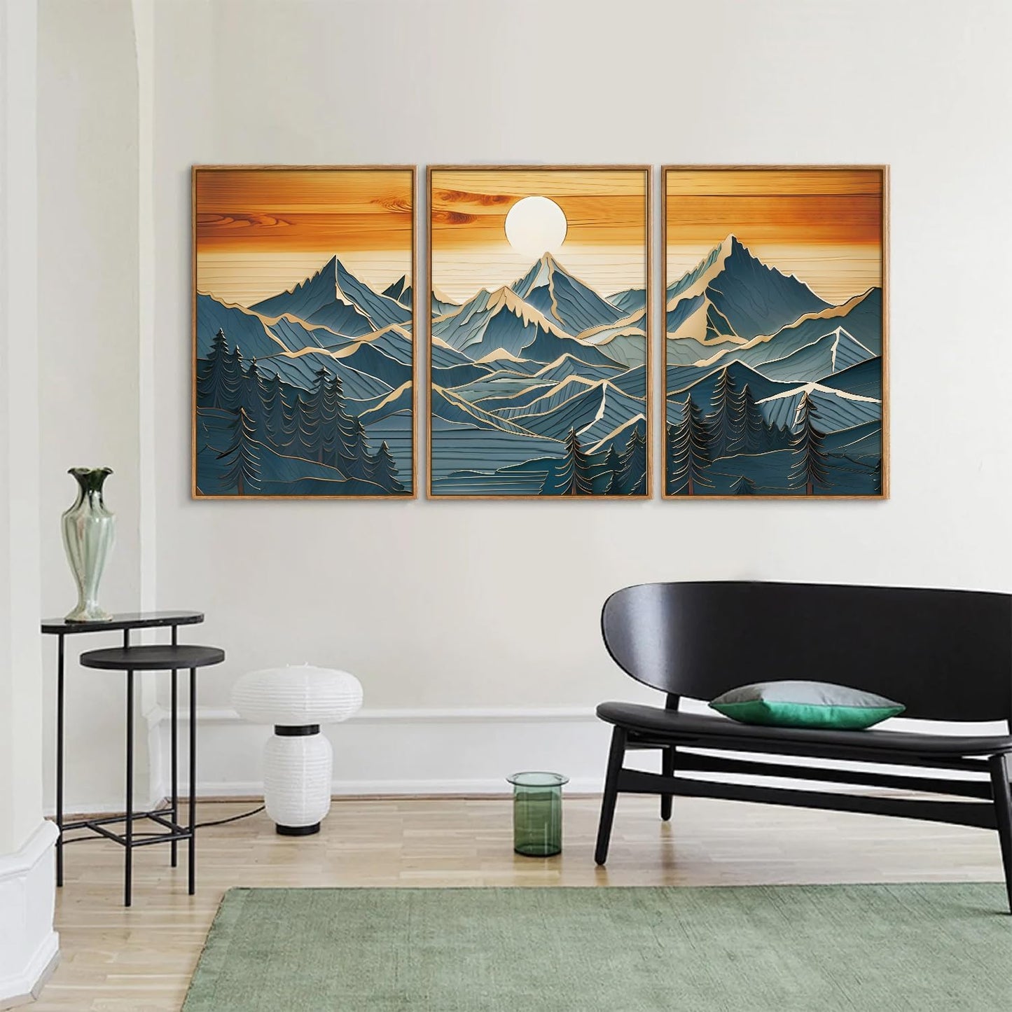 Tinonedraw Vintage Mountain Framed Canvas Wall Art Set of 3, Boho Nature Wilderness Art Prints, Mid Century Modern Ridge Scenery Wall Decor, Sunrise Forest Woodcut Style Art Paintings for Living Room Bedroom, Office 16"x24"