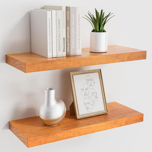 Honey Oak Floating Wall Shelves 16 Inches Long x 8”x 1.4” Shelf Floating Rustic Farmhouse Decor, Heavy Duty Shelf Hold 35 lbs, Wall Shelves for Bathroom Living Room Kitchen Bedroom Office