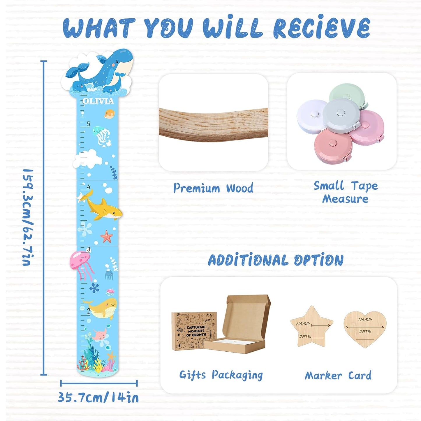 Personalized Name Growth Chart, Marine Animals Wooden Growth Chart for Kids, Height Chart for Boys Girls, Measuring Board for Kids Height for Child's Room, Nursery Decor Decoration