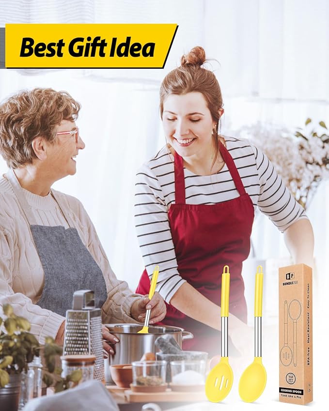 Pack of 2 Large Silicone Cooking Spoons,Non Stick Solid Basting Spoon,Heat-Resistant Kitchen Utensils for Mixing,Serving,Draining,Stirring (YELLOW)