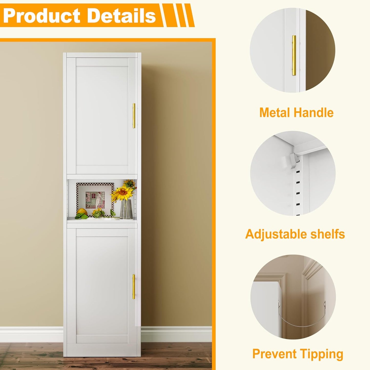 Tall Narrow Storage Cabinet 66.93" H Tall Bathroom Cabinets Metal Pantry Cabinet, 4 Adjustable Shelves for Kitchen, Home Office, Living Room, Dinning Room (16 inches Wide White)