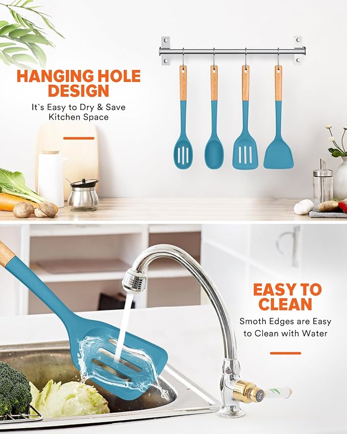 Silicone Cooking Utensils Set, Perfectly Angled for Frying, Mixing,Serving,Draining,Turning and Stirring, BPA-Free Matte Silicone, Wood Handles, Safe for Nonstick Cooking Surfaces,4 Pack (Blue)