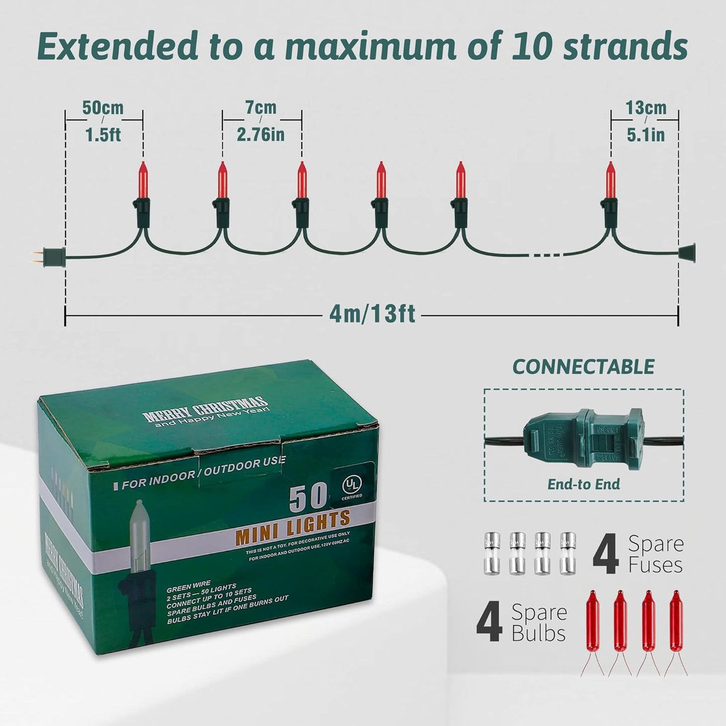 Christmas Lights Indoor Outdoor, 2PACK 13FT 50-count Lights Incandescent Mini Halloween String Light, 120V UL Certified Green Wire Light for Xmas Tree, Patio, Holiday, Party, Home, Garden Decor,Red