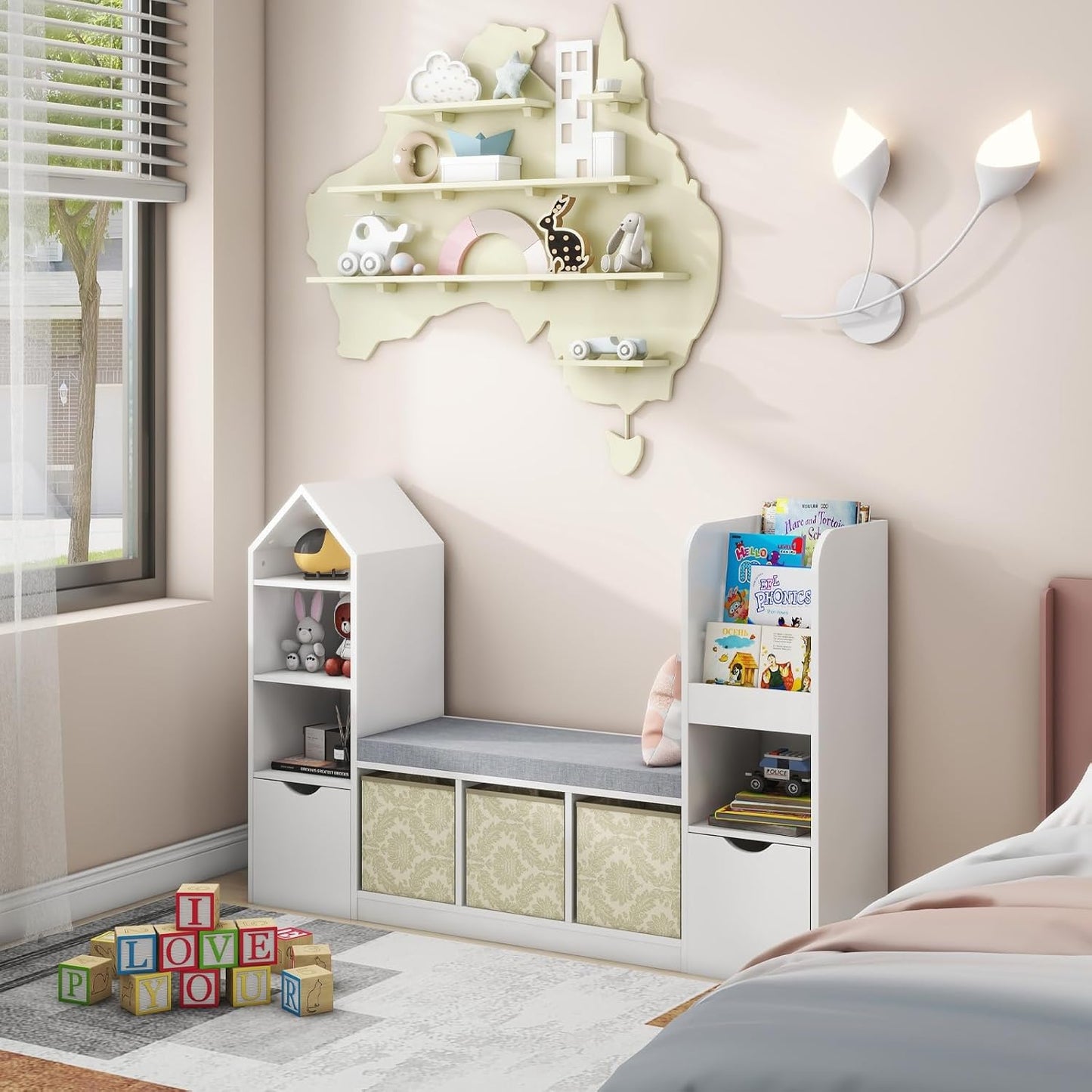 Vabches Kids Bookcase and Bookshelf with Reading Nook, Multifunctional Bookcase with 7 Storage Cubbies 2 Movable Drawers, Bookcases with Seat Cushion for Toy Storage Organizer Children's Room, Bedroom