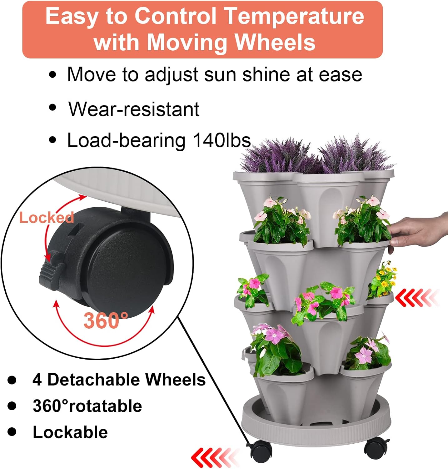 DUNCHATY Stackable Planter, Vertical Garden Planter with Wheels and Tools, Self Watering Strawberry Planter Indoor/Outdoor 4 Tier Herb Planter Pots for Growing Vegetables and Succulents,Gray