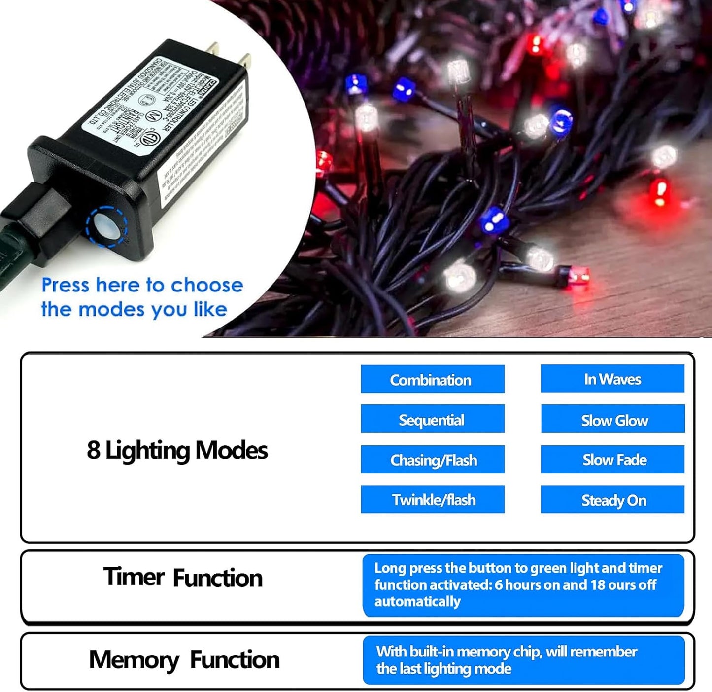 200 LED Red White and Blue Christmas String Lights Outdoor Indoor, 75.8 FT 4th of July Patriotic Lights, Extendable Green Wire Waterproof Mini light for Independence Day Memorial Day Party Decorations