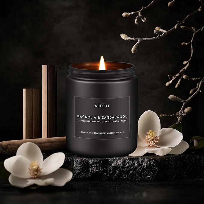 Magnolia & Sandalwood Candle | Masculine Candle - Candles for Men, Soy Candles for Home Scented, Manly Scented Decor for Home - Gifts for Men, 7oz Black Jar, Long Lasting