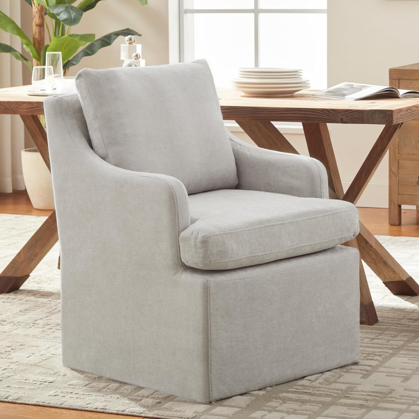 VKNOW Upholstered Dining Chairs Set of 2, Modern Kitchen Chairs Dinner Chairs with 4 Casters, Linen Armchair for Bedroom Reading Room Living Room, Light Grey